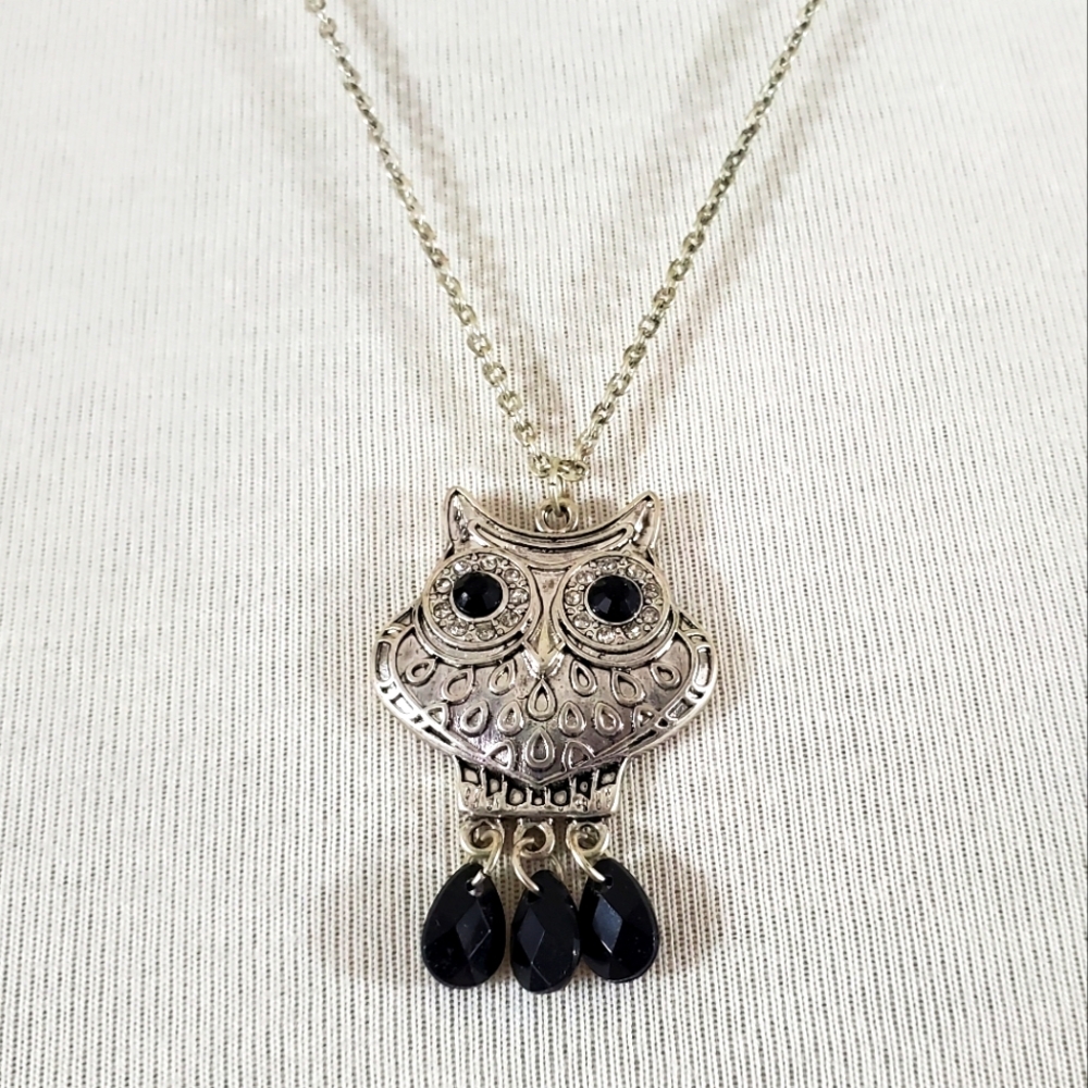 Owl necklace long silver boho crystal owl necklace NWT